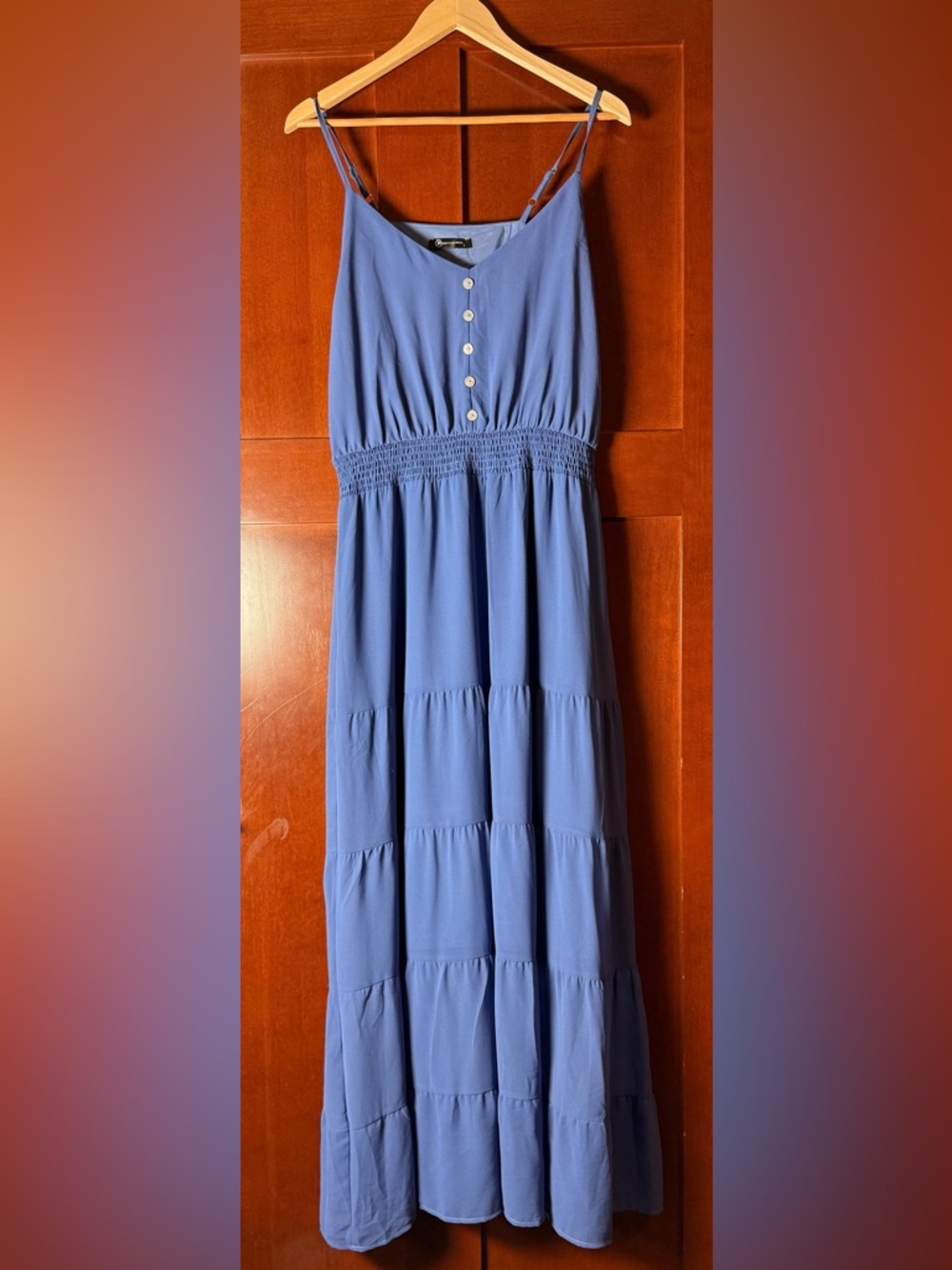 Smocked Waist Periwinkle Blue Tiered Maxi Dress with Button Front Size Large